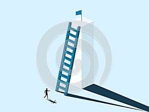 Businessman looking at the success flag on the top of the stairs. Success business concept.