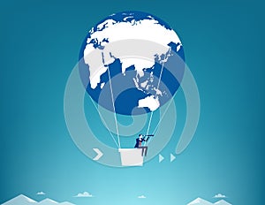 Businessman looking telescope in globe air balloon. Concept business vector illustration.