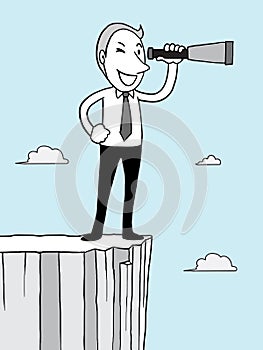 Businessman looking telescope on high cliff over cloud in the blue sky. leader vision concept. isolated illustration outlin