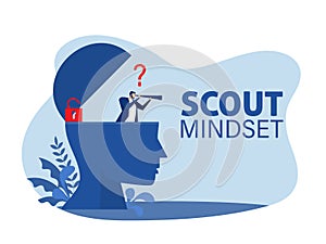 Businessman looking through a telescope on human head for scout mindset concept  vector illustration