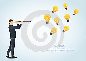 Businessman looking through a telescope and lightbulb, the concept of creative business vision