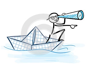 Businessman looking through telescope on a paper boat