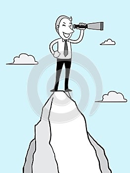 Businessman looking telescope on the top of mountain. success inspiration concept. isolated vector illustration outline hand drawn