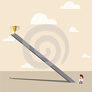 Businessman looking to high up golden trophy of to
