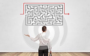 Businessman looking to a maze on a wall