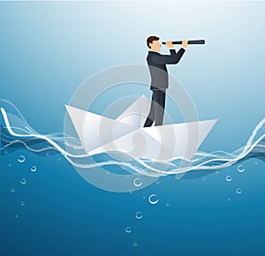 A businessman looks through a telescope standing on paper boat vector, business concept