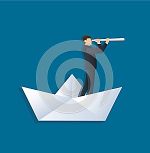 A businessman looks through a telescope standing on paper boat vector, business concept