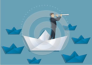 A businessman looks through a telescope standing on paper boat vector, business concept