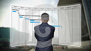 Businessman looks to Gantt chart, project schedule harmonogram work processes