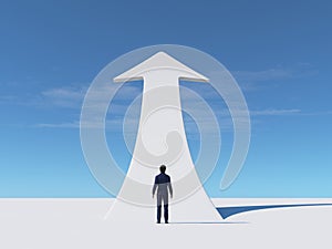 Businessman looks to a white arrow rising up.