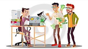 Businessman Loser With A Stack Of Documents Next To Laughing Colleagues With Money Vector. Isolated Illustration