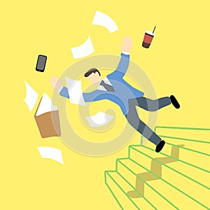 Businessman is losing balance and falling down on staircase while the file folder and tablet is in the air