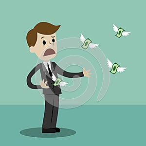 Businessman losing his money. Money fly away like birds. Vector illustration