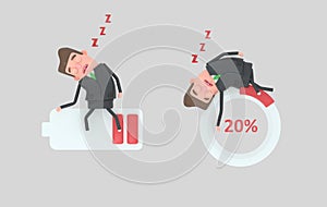 Businessman with low level energy battery . Percent. Businessman sleeping. Isolated.3d illustration.