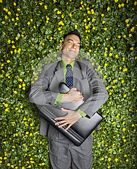 Businessman Lying in Flower Patch