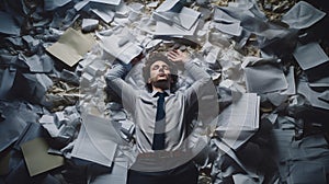 Businessman lying on pile of papers. By generative Ai