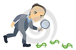 Businessman with magnifying glass looking for money