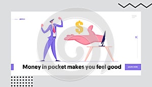 Businessman Make Money Online Website Landing Page, Business Man Demonstrate Muscles Receive Dollars
