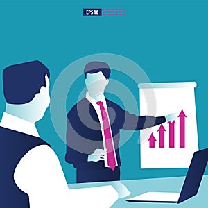 Businessman makes a presentation to clients about the benefits of an investment. Business vector illustration
