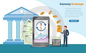Businessman making profit from currency converter from online smartphone with calculater and bank background