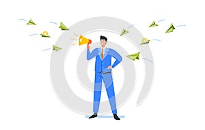 Businessman Male Character Yell to Loudspeaker Attract Paper Airplanes with Gold Coins. Investor Entrepreneur Gain Fund