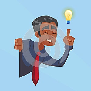 Businessman male dark skin with bulb, idea, inspiration peeking out the corner cartoon flat design illustration