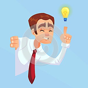 Businessman male dark skin with bulb, idea, inspiration peeking out the corner cartoon flat design illustration