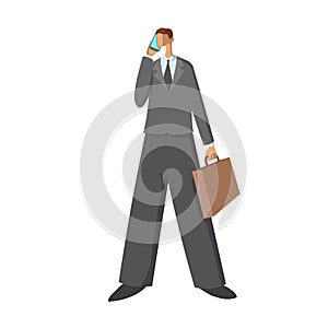Businessman. A man in a business suit with a briefcase talking on a cell phone. Vector illustration isolated on white