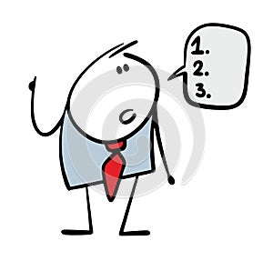 Businessman man in elegant suit tells instructions for work. Vector illustration of smart boss gives an indication, list
