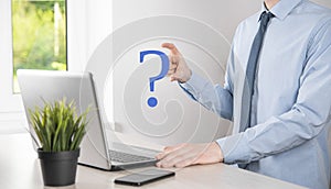 Businessman man hand hold interface question marks sign web. Ask quiestion online, FAQ concept, what where when how and why,