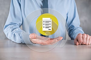 Businessman man holding a document icon in his hand Document Management Data System Business Internet Technology Concept.