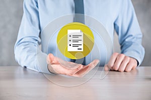 Businessman man holding a document icon in his hand Document Management Data System Business Internet Technology Concept.