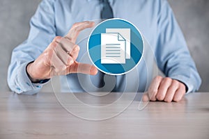 Businessman man holding a document icon in his hand Document Management Data System Business Internet Technology Concept.