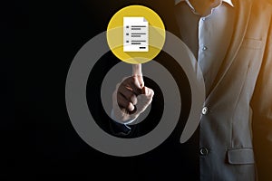 Businessman man holding a document icon in his hand Document Management Data System Business Internet Technology Concept.
