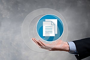 Businessman man holding a document icon in his hand Document Management Data System Business Internet Technology Concept.