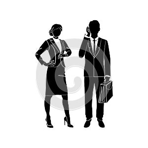 Businessman, manager with a briefcase and talking on a cell phone vector. Business woman standing looks at the wrist watch. Vector