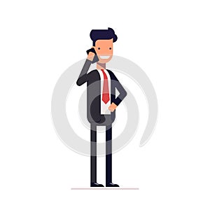 Businessman or manager in a business suit standing and talking on the phone. Vector, illustration EPS10.