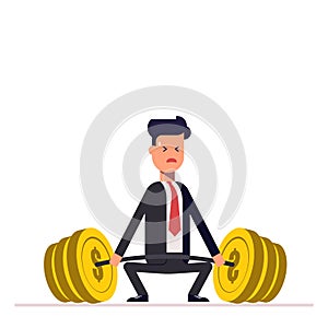 Businessman or manager can not lift a heavy barbell with money. Great difficulties. Unattainable. Vector, illustration photo