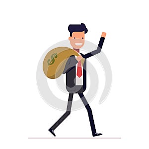 Businessman or manager comes with a bag of money. Happy man in business suit got salary, winnings. Vector, illustration