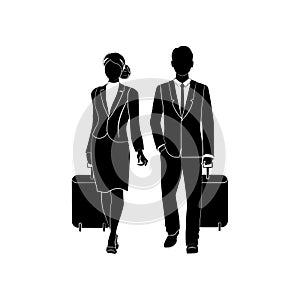 Businessman or a manager comes with a suitcase for traveling. Large briefcase on wheels. The concept of the beginning of travel.