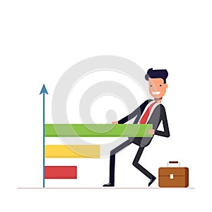 Businessman or manager draws the chart. People pulls a graph and diagram. Successful man in business suit. Vector