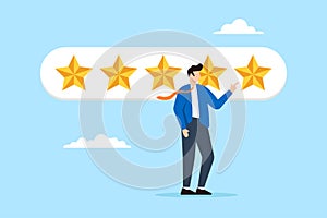 Businessman manager giving star review for performance excellence in flat design