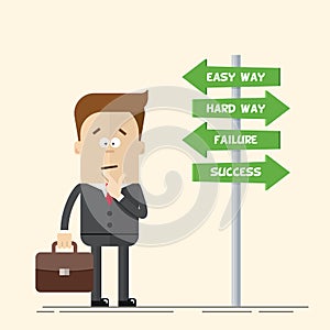 Businessman or manager has to choose the direction. Quick and easy way, or complex and difficult.