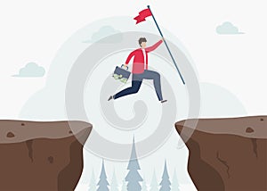 Businessman or manager hold success flag while jump through the gap obstacles and success. Running and jump over cliffs. Business