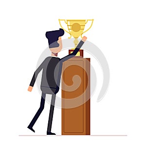 Businessman or manager reaches for the cup. Man in a business suit about to take victory prize. Back view. Vector
