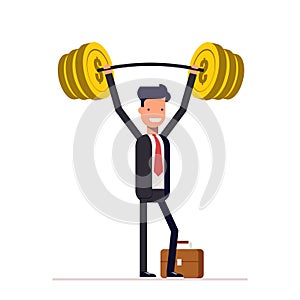 Businessman or manager, are readily raised the bar with the money. Rich man in a business suit. Vector, illustration