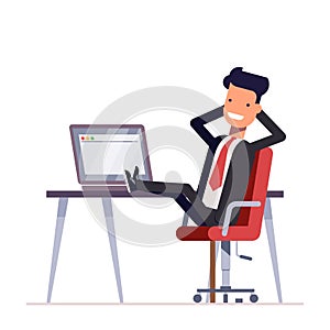 Businessman or manager sits in a chair, his feet on the table. Successful man having rest on workplace in office. Vector