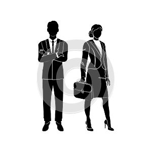 Businessman, manager standing with his arms crossed on his chest vector. Business woman standing with a case, a briefcase in hand.