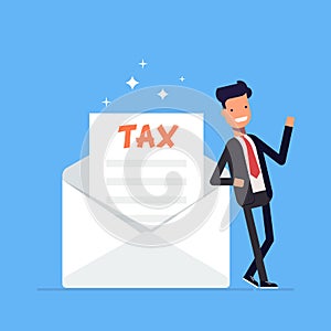 Businessman or manager stands near a refund letter to the tax form. Office worker character on white background