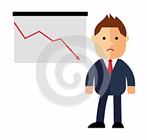 A businessman or manager thinking, Down arrows, statistic financial graphic